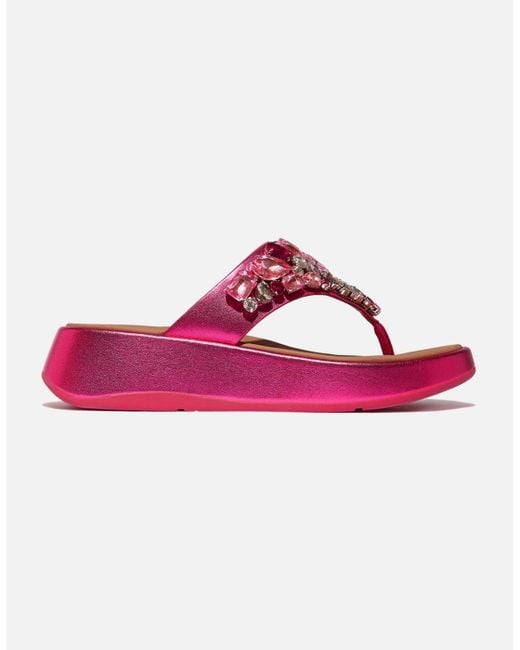 Fitflop Pink F-Mode Jewel-Deluxe Toe Post Sandals Metallic Wild Raspberry