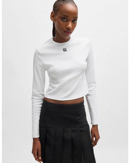 Boss White Cropped Slim Fit Long Sleeve T-Shirt
