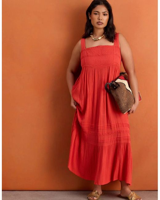 Live Unlimited London Red Crinkle Pintuck Lace Trim Midaxi Dress