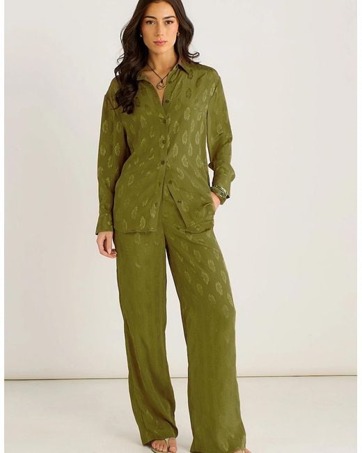 Gini London Green Khaki Floral Satin Jacquard Trousers