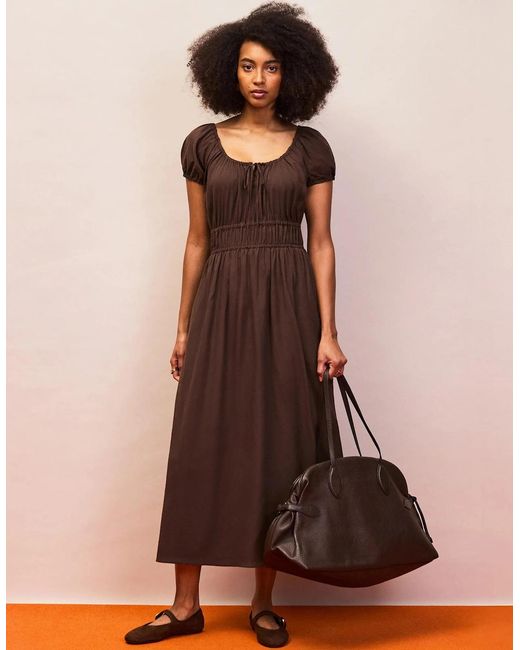 Ro&zo Brown Petite Gathered Neck Cotton Dress