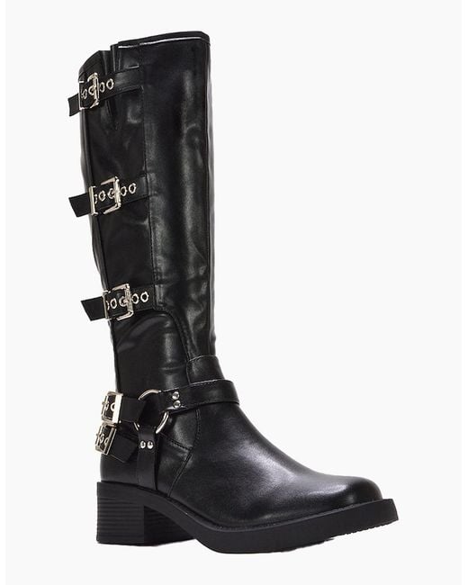 XY London Black Ladies Cobra Square Toe Mid Block Heel Biker Boots