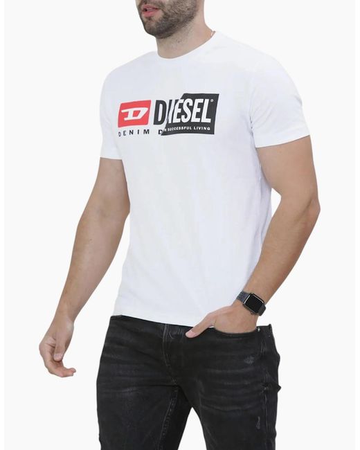 DIESEL White T-Diego-Cuty Logo T Shirts Crew Neck Short Sleeve Slim Summer Tee for men