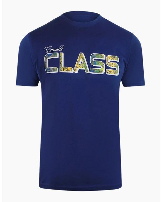 Roberto Cavalli Blue Cavalli Class Vibrant Floral Logo T-Shirt for men