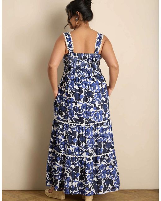 Live Unlimited London Blue Cotton Floral Print Tiered Maxi Dress