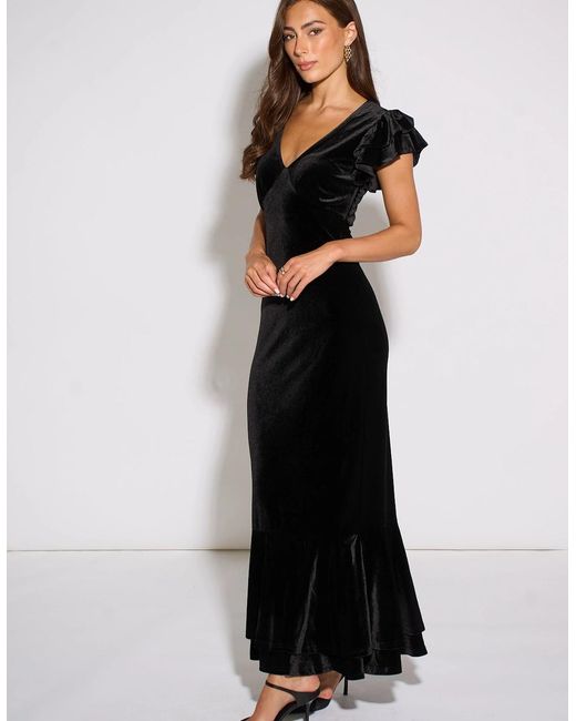 Gini London Black V Neck Ruffle Sleeves Velvet Occasion Maxi Dress