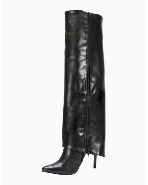 XY London Black Ladies Shauna Fold Over Stiletto Heel Knee-High Boots