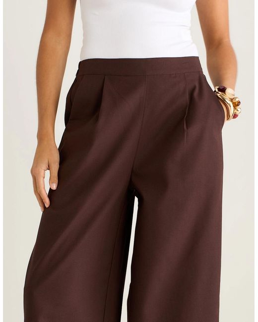 Gini London Brown Cotton And Linen Blend Wide Leg Trouser