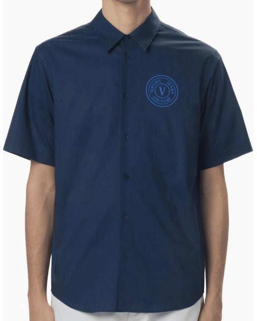 Versace Blue Printed Logo Short Sleeve Shirt for men