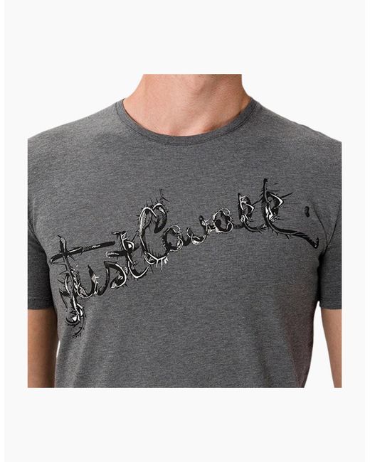 Just Cavalli Gray S03Gc0368 T-Shirt Logo Print Short Sleeve Tops Cotton Tee for men