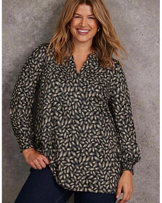 Live Unlimited London Brown Feather Print Nehru Collar Tunic