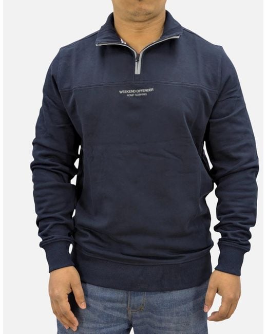 Weekend Offender Blue Sweatshirt Quarter Zip Pullover Plain Jumper Cotton for men