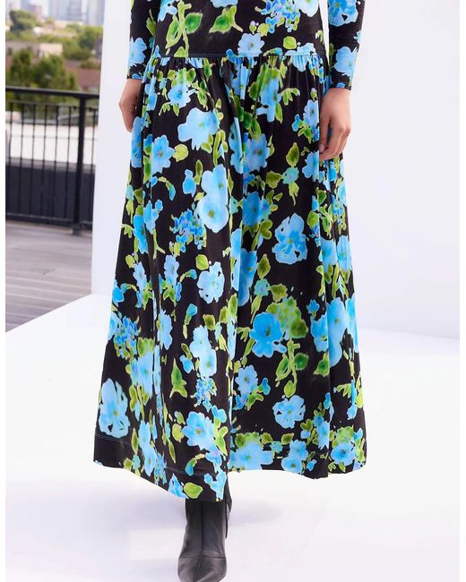 Ro&zo Blue And Floral Dropped Waist Jersey Dress