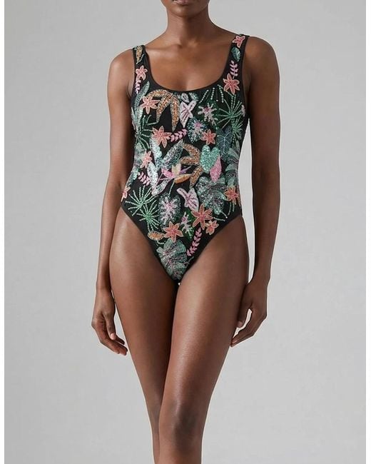 Oceanus Black Misty Tropical High Leg Swimsuit