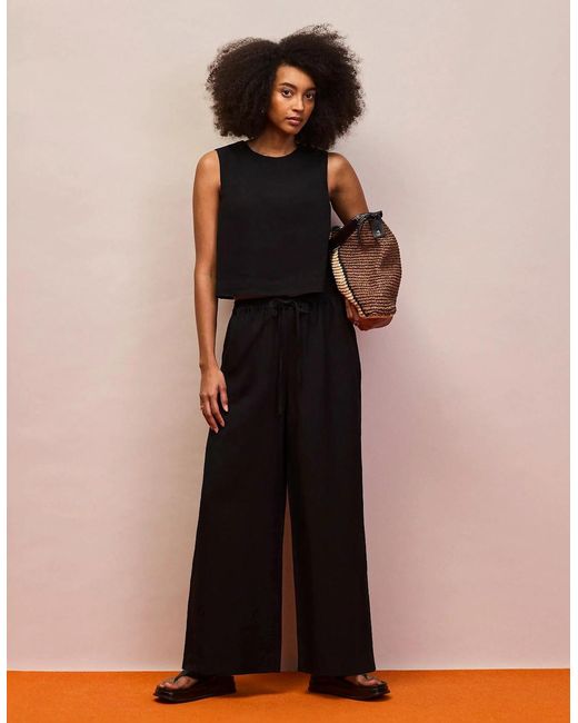 Ro&zo Black Drawstring Trousers With Linen