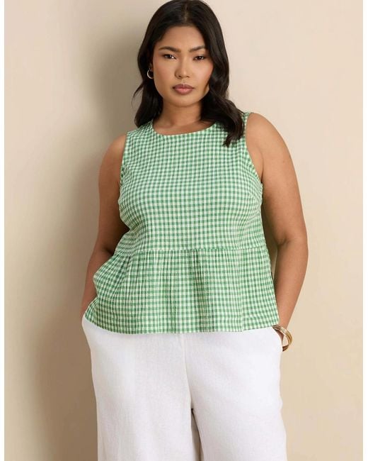 Live Unlimited London Green Gingham Cotton Peplum Top