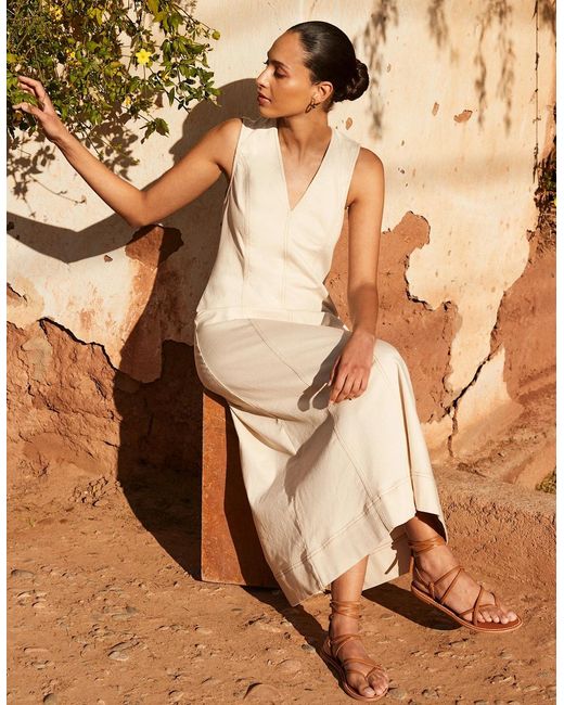 Ro&zo Brown Ecru V-Neck Denim Maxi Dress
