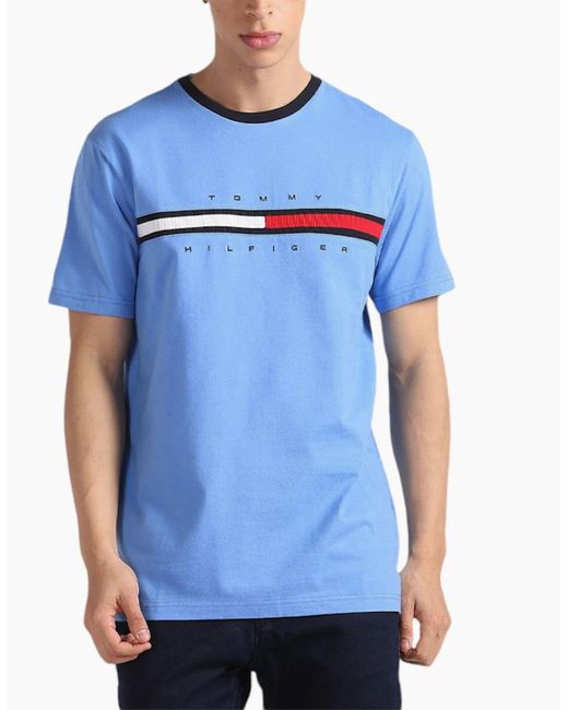 Tommy Hilfiger Blue T Shirts Crew Neck Signature Stripe Summer Cotton Tino Tee for men