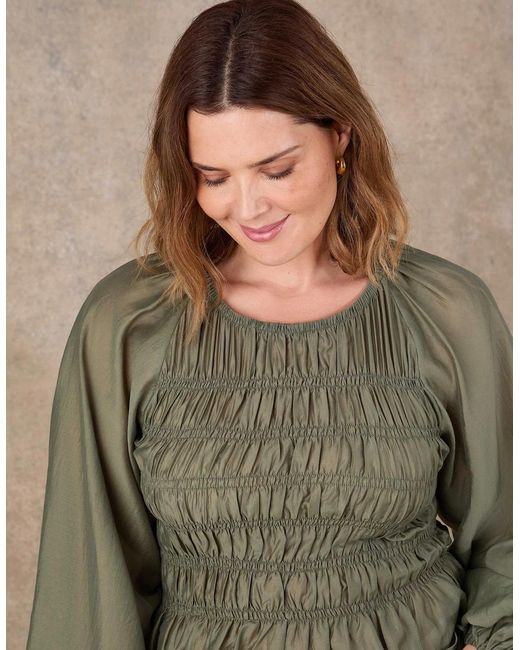 Live Unlimited London Green Khaki Shirred Long Sleeve Top