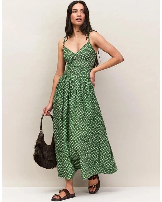 Ro&zo Green Petite Fan Print Beaded Strap Dress