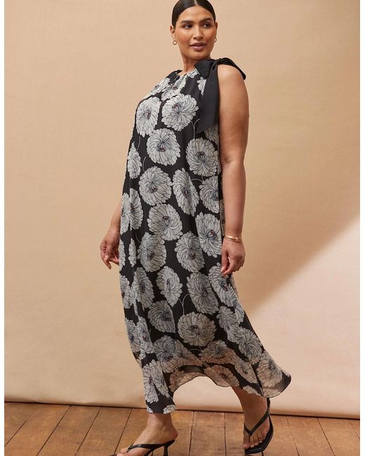 Live Unlimited London Black Floral Print Halter Neck Maxi Dress