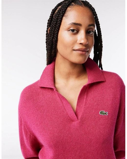 Lacoste Pink Crocodile Logo Collared Neck Long Sleeve Sweater