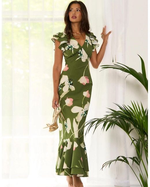 Gini London Green Floral Ruffle Maxi Dress