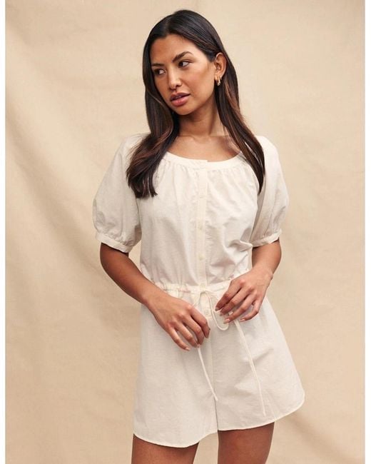 Nobody's Child Natural Drawstring Short Puff Sleeve Solid Patterned Playsuit
