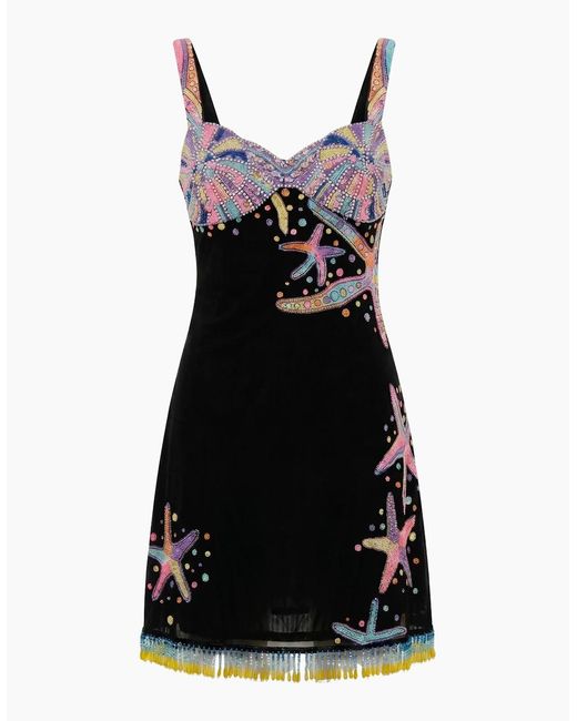 Oceanus Black Tasseled Crescent Shell Mini Dress