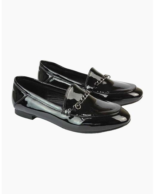 XY London Black Ladies Tessah Patent Chain Detail Flat Loafers