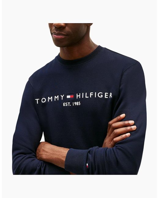 Tommy Hilfiger Blue Fleece Sweatshirt Embroidered Logo Pullover Crew Neck Jumper for men