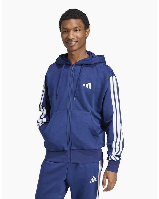 Adidas Blue Fleece 3 Stripes Full Zip Hoodie for men