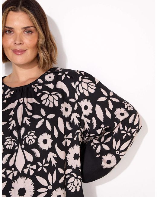 Live Unlimited London Black Graphic Floral Placement Blouse