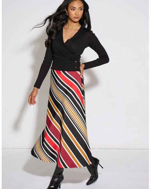 Gini London Red Stripe Satin Biased Midi Skirt