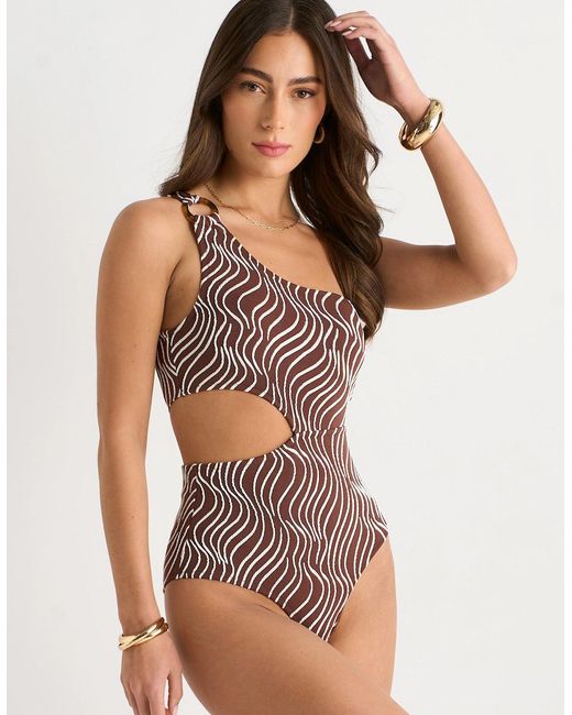 Gini London Brown Wave Print One-Shoulder Cutout Swimsuit