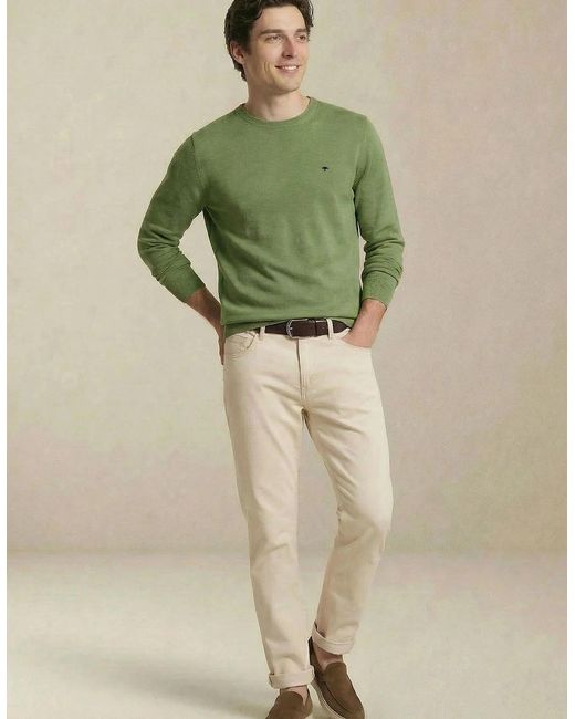 Fynch-Hatton Green Fine Knit Air Cotton Crewneck Sweater Avocado for men