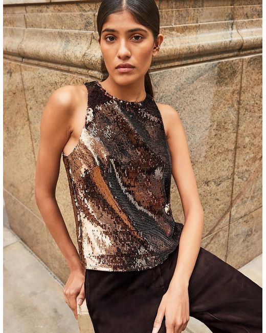 Ro&zo Brown Sequin Halter Neck Top