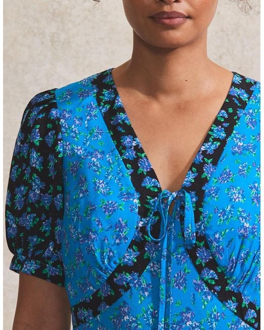Ro&zo Blue Contrast Ditsy-Print Puff-Sleeve Midi Dress