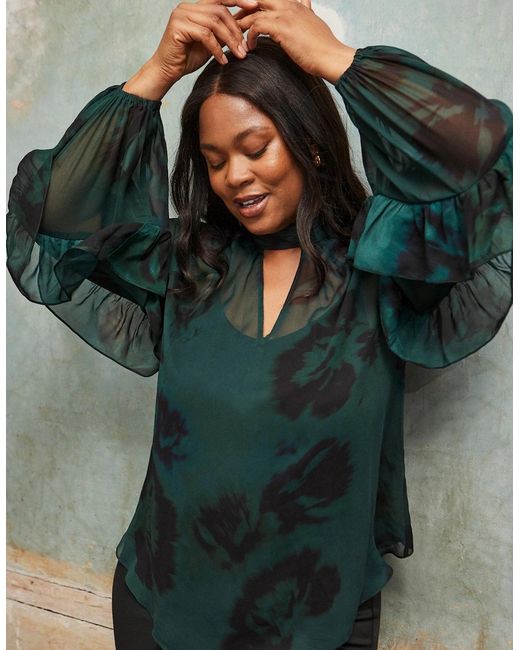 Live Unlimited London Green Floral Print High Neck Ruffle Blouse