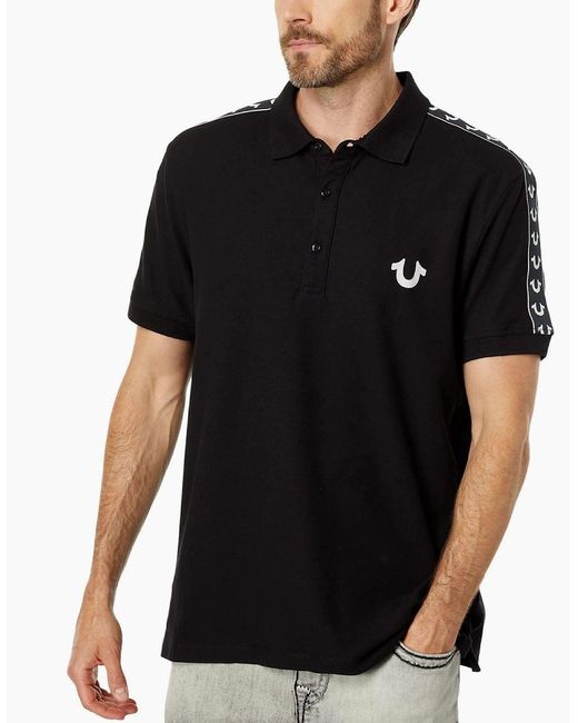 True Religion Black Polo Shirt Relaxed Fit Ss Damask Velour Pique Polo Shirts for men
