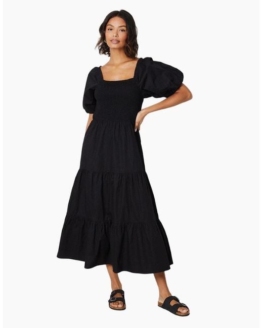 Dorothy Perkins Black Ladies Shirred Puff Sleeve Midi Dress