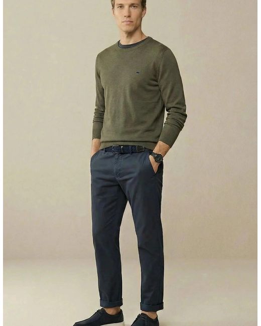 Fynch-Hatton Green Fine Knit Cotton Crewneck Sweater Dark Khaki for men
