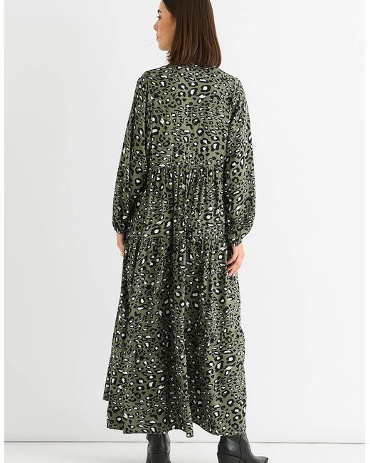 Gini London Green Khaki Viscose Animal Oversized Smock Maxi Dress