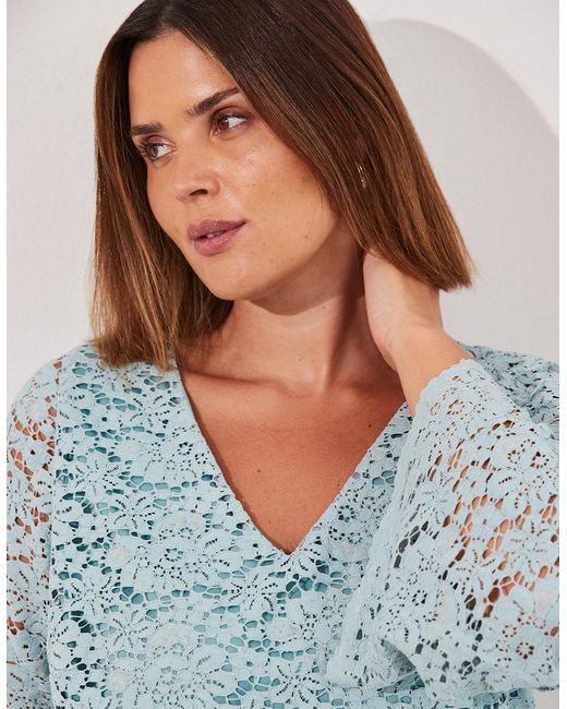 Live Unlimited London Blue Light Lace Dress With Flute Sleeve