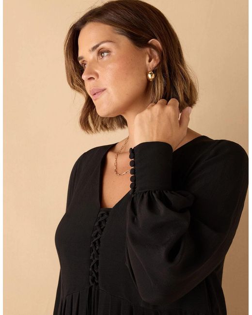 Live Unlimited London Black Lace Up Blouson Sleeve Midi Dress