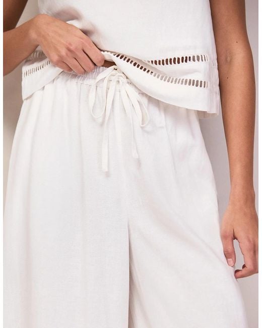Ro&zo White Ladder Trim Wide Leg Trousers With Linen