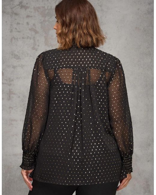 Live Unlimited London Gray Metallic Spot Shirred Cuff Blouse