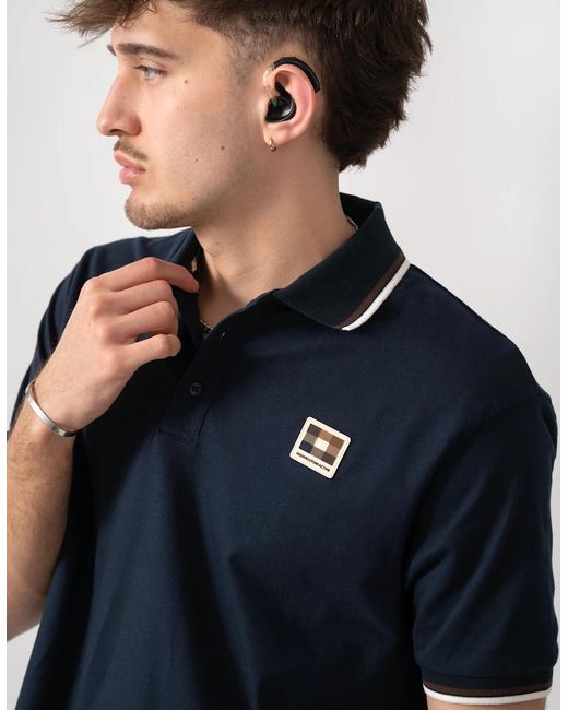 Aquascutum Blue Stretch Piquet Tipped Badge Polo Shirt for men