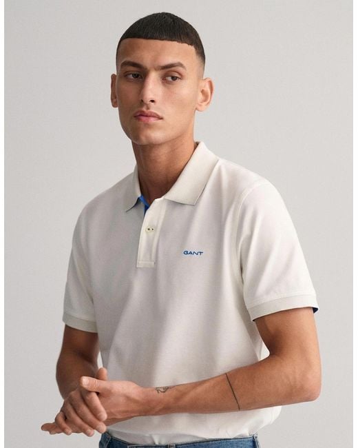 Gant White Regular Fit Short Sleeve Contrast Pique Rugger for men