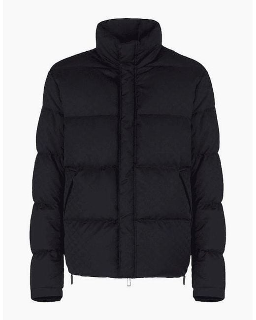 Emporio Armani Blue Quilted Puffer Jacket With All-Over Jacquard Eagle for men